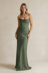 Cowl Neck Sheath Corset Bridesmaid Dress in Thyme - KissProm Bridesmaid Dresses