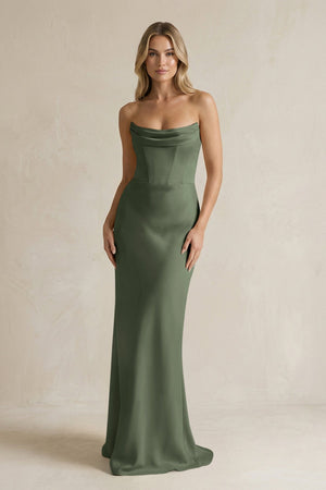 Cowl Neck Sheath Corset Bridesmaid Dress in Thyme - KissProm Bridesmaid Dresses