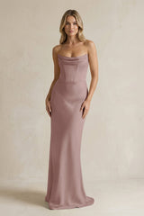 Cowl Neck Sheath Corset Bridesmaid Dress in Toffee - KissProm Bridesmaid Dresses