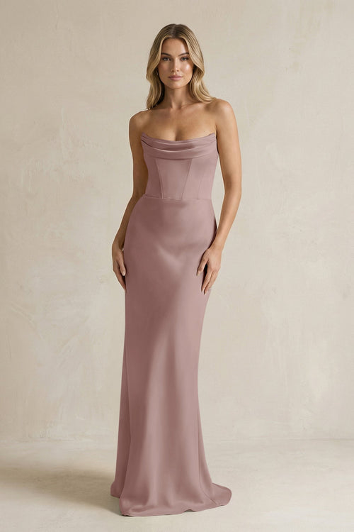 Cowl Neck Sheath Corset Bridesmaid Dress in Toffee - KissProm Bridesmaid Dresses