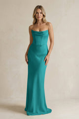 Cowl Neck Sheath Corset Bridesmaid Dress in Turquoise - KissProm Bridesmaid Dresses
