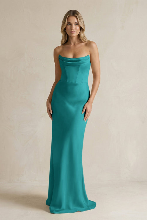 Cowl Neck Sheath Corset Bridesmaid Dress in Turquoise - KissProm Bridesmaid Dresses