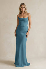 Cowl Neck Sheath Corset Bridesmaid Dress in Twilight - KissProm Bridesmaid Dresses