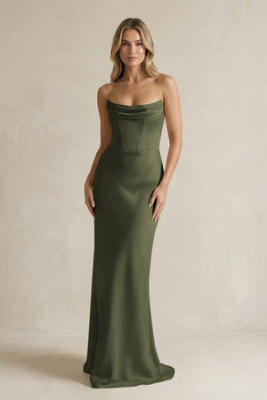 Cowl Neck Sheath Corset Bridesmaid Dress in Willow Green - KissProm Bridesmaid Dresses