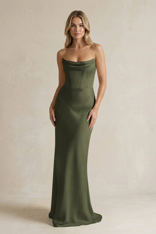 Cowl Neck Sheath Corset Bridesmaid Dress in Willow Green - KissProm Bridesmaid Dresses