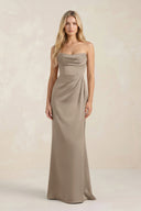 Cowl Neck Sheath Satin Bridesmaid Dress With Detachable Sleeves in Almond - KissProm Bridesmaid Dresses