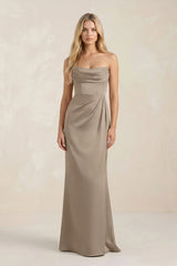 Cowl Neck Sheath Satin Bridesmaid Dress With Detachable Sleeves in Almond - KissProm Bridesmaid Dresses