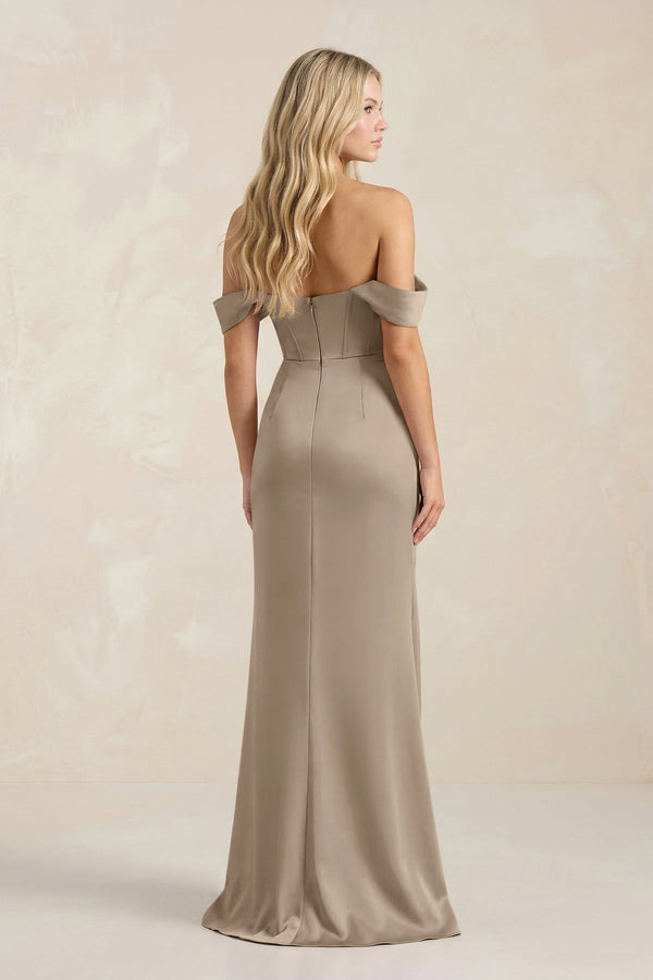 Cowl Neck Sheath Satin Bridesmaid Dress With Detachable Sleeves in Almond - KissProm Bridesmaid Dresses