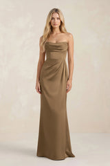 Cowl Neck Sheath Satin Bridesmaid Dress With Detachable Sleeves in Apple Cinnamon - KissProm Bridesmaid Dresses
