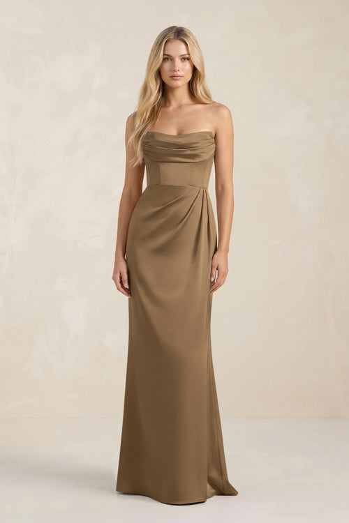 Cowl Neck Sheath Satin Bridesmaid Dress With Detachable Sleeves in Apple Cinnamon - KissProm Bridesmaid Dresses