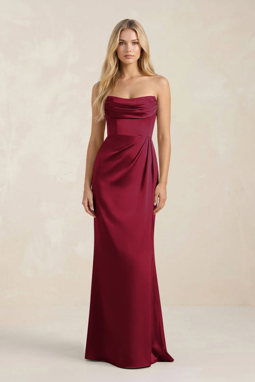 Cowl Neck Sheath Satin Bridesmaid Dress With Detachable Sleeves in Berry - KissProm Bridesmaid Dresses