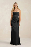 Cowl Neck Sheath Satin Bridesmaid Dress With Detachable Sleeves in Black - KissProm Bridesmaid Dresses