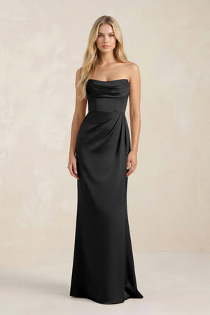 Cowl Neck Sheath Satin Bridesmaid Dress With Detachable Sleeves in Black - KissProm Bridesmaid Dresses