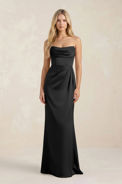 Cowl Neck Sheath Satin Bridesmaid Dress With Detachable Sleeves in Black - KissProm Bridesmaid Dresses