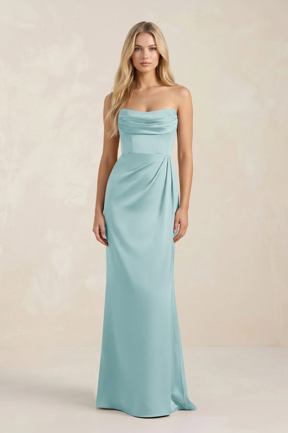 Cowl Neck Sheath Satin Bridesmaid Dress With Detachable Sleeves in Bleached Aqua - KissProm Bridesmaid Dresses
