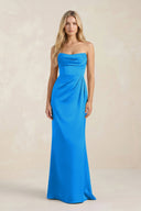 Cowl Neck Sheath Satin Bridesmaid Dress With Detachable Sleeves in Blue Jay - KissProm Bridesmaid Dresses