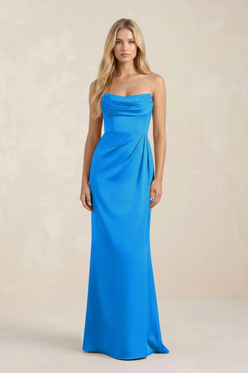 Cowl Neck Sheath Satin Bridesmaid Dress With Detachable Sleeves in Blue Jay - KissProm Bridesmaid Dresses