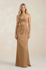 Cowl Neck Sheath Satin Bridesmaid Dress With Detachable Sleeves in Bronzer - KissProm Bridesmaid Dresses