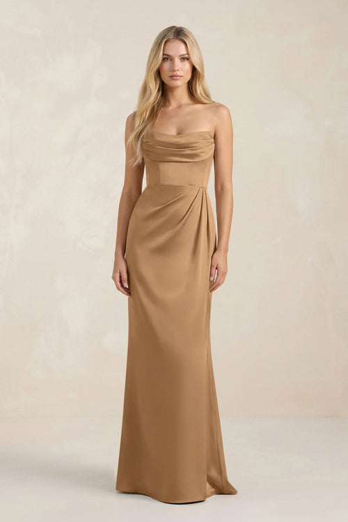 Cowl Neck Sheath Satin Bridesmaid Dress With Detachable Sleeves in Bronzer - KissProm Bridesmaid Dresses