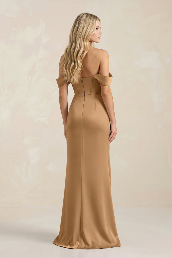 Cowl Neck Sheath Satin Bridesmaid Dress With Detachable Sleeves in Bronzer - KissProm Bridesmaid Dresses
