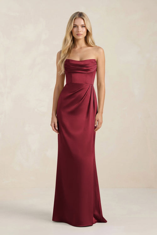 Cowl Neck Sheath Satin Bridesmaid Dress With Detachable Sleeves in Burgundy - KissProm Bridesmaid Dresses