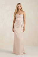 Cowl Neck Sheath Satin Bridesmaid Dress With Detachable Sleeves in Buttercream - KissProm Bridesmaid Dresses