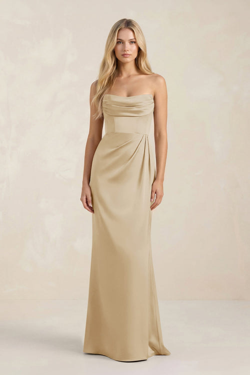 Cowl Neck Sheath Satin Bridesmaid Dress With Detachable Sleeves in Champagne - KissProm Bridesmaid Dresses