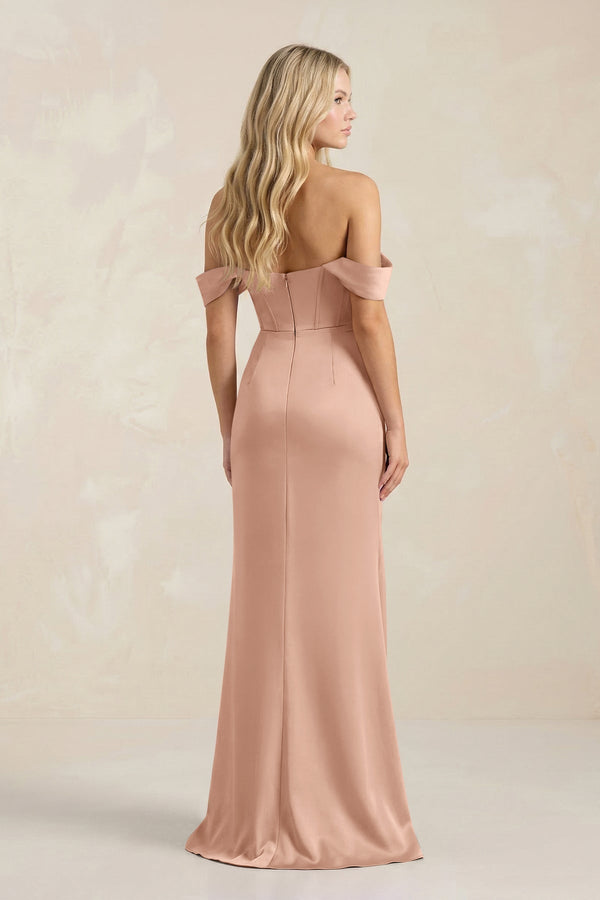 Cowl Neck Sheath Satin Bridesmaid Dress With Detachable Sleeves in Champagne Rose - KissProm Bridesmaid Dresses