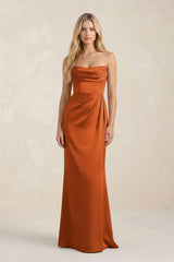 Cowl Neck Sheath Satin Bridesmaid Dress With Detachable Sleeves in Cinnamon - KissProm Bridesmaid Dresses