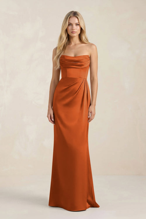 Cowl Neck Sheath Satin Bridesmaid Dress With Detachable Sleeves in Cinnamon - KissProm Bridesmaid Dresses