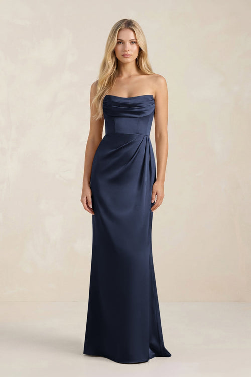 Cowl Neck Sheath Satin Bridesmaid Dress With Detachable Sleeves in Navy - KissProm Bridesmaid Dresses