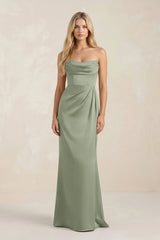 Cowl Neck Sheath Satin Bridesmaid Dress With Detachable Sleeves in Dove Gray - KissProm Bridesmaid Dresses