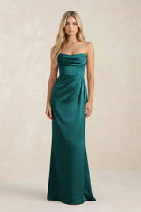 Cowl Neck Sheath Satin Bridesmaid Dress With Detachable Sleeves in Emerald - KissProm Bridesmaid Dresses
