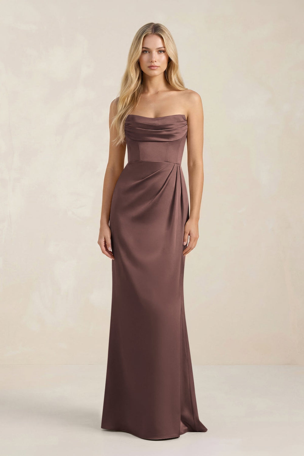Cowl Neck Sheath Satin Bridesmaid Dress With Detachable Sleeves in Espresso - KissProm Bridesmaid Dresses