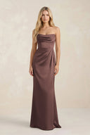 Cowl Neck Sheath Satin Bridesmaid Dress With Detachable Sleeves in Espresso - KissProm Bridesmaid Dresses