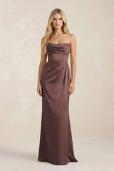 Cowl Neck Sheath Satin Bridesmaid Dress With Detachable Sleeves in Espresso - KissProm Bridesmaid Dresses