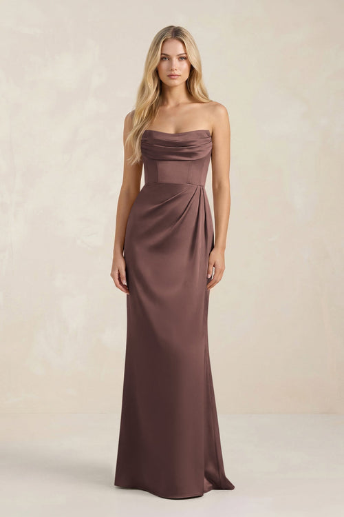 Cowl Neck Sheath Satin Bridesmaid Dress With Detachable Sleeves in Espresso - KissProm Bridesmaid Dresses
