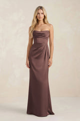 Cowl Neck Sheath Satin Bridesmaid Dress With Detachable Sleeves in Espresso - KissProm Bridesmaid Dresses