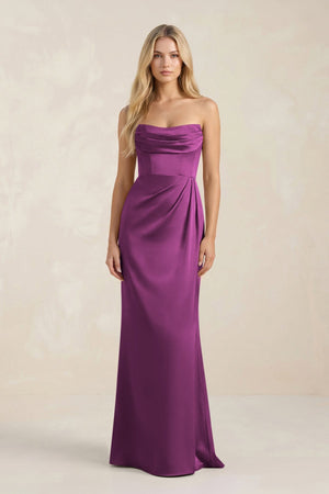 Cowl Neck Sheath Satin Bridesmaid Dress With Detachable Sleeves in Fig - KissProm Bridesmaid Dresses