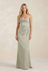 Cowl Neck Sheath Satin Bridesmaid Dress With Detachable Sleeves in Frost - KissProm Bridesmaid Dresses