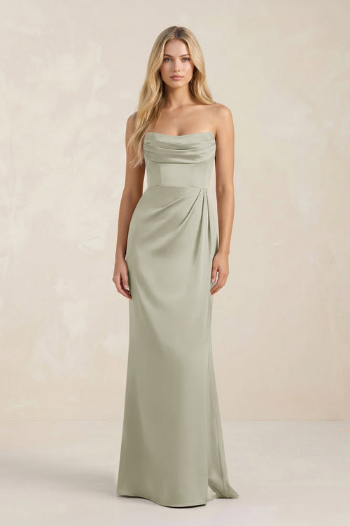 Cowl Neck Sheath Satin Bridesmaid Dress With Detachable Sleeves in Frost - KissProm Bridesmaid Dresses