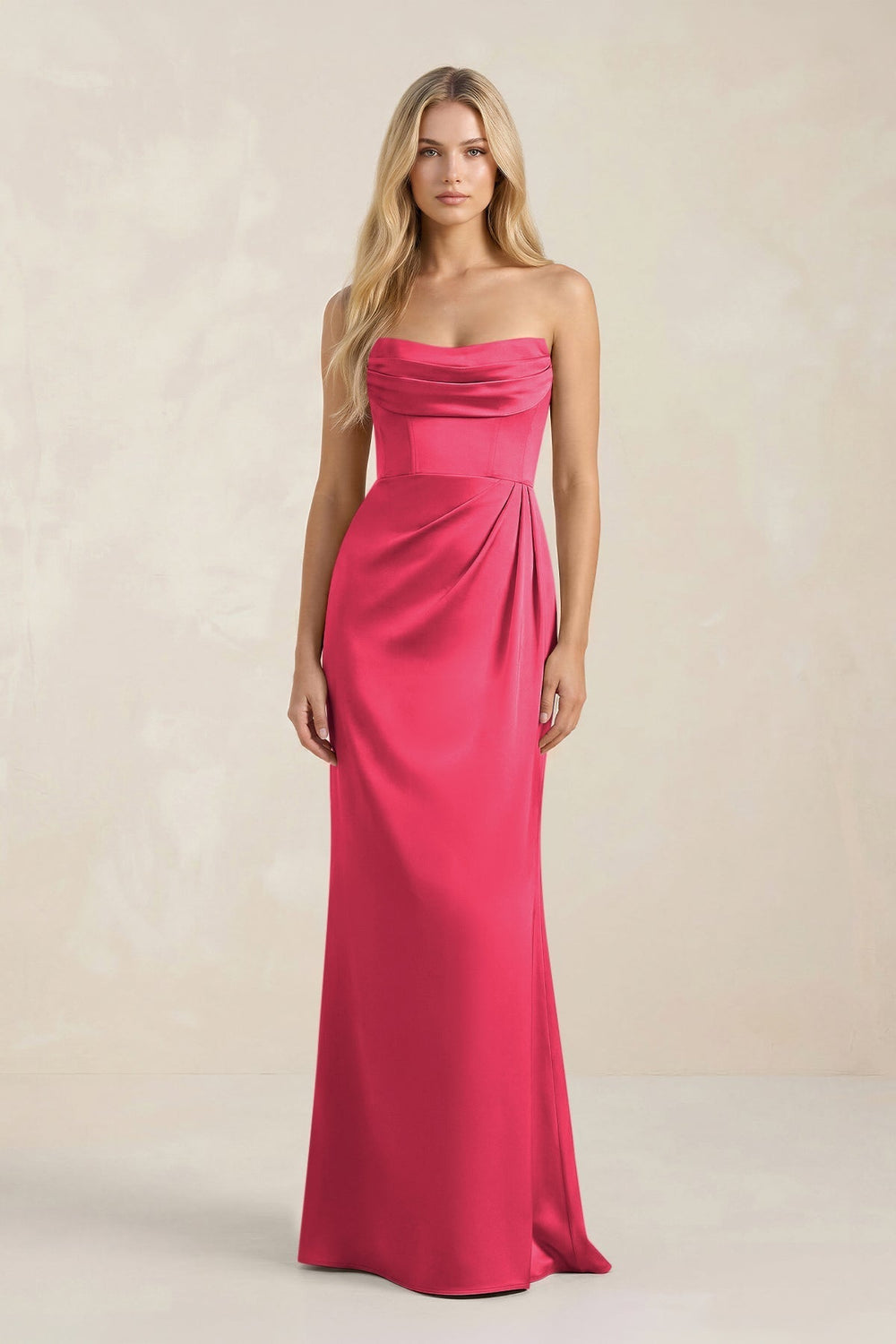 Cowl Neck Sheath Satin Bridesmaid Dress With Detachable Sleeves in Fuchsia - KissProm Bridesmaid Dresses
