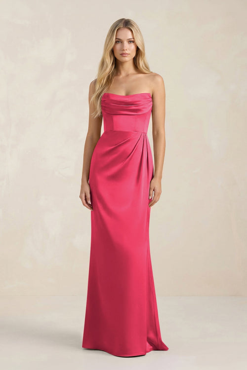 Cowl Neck Sheath Satin Bridesmaid Dress With Detachable Sleeves in Fuchsia - KissProm Bridesmaid Dresses