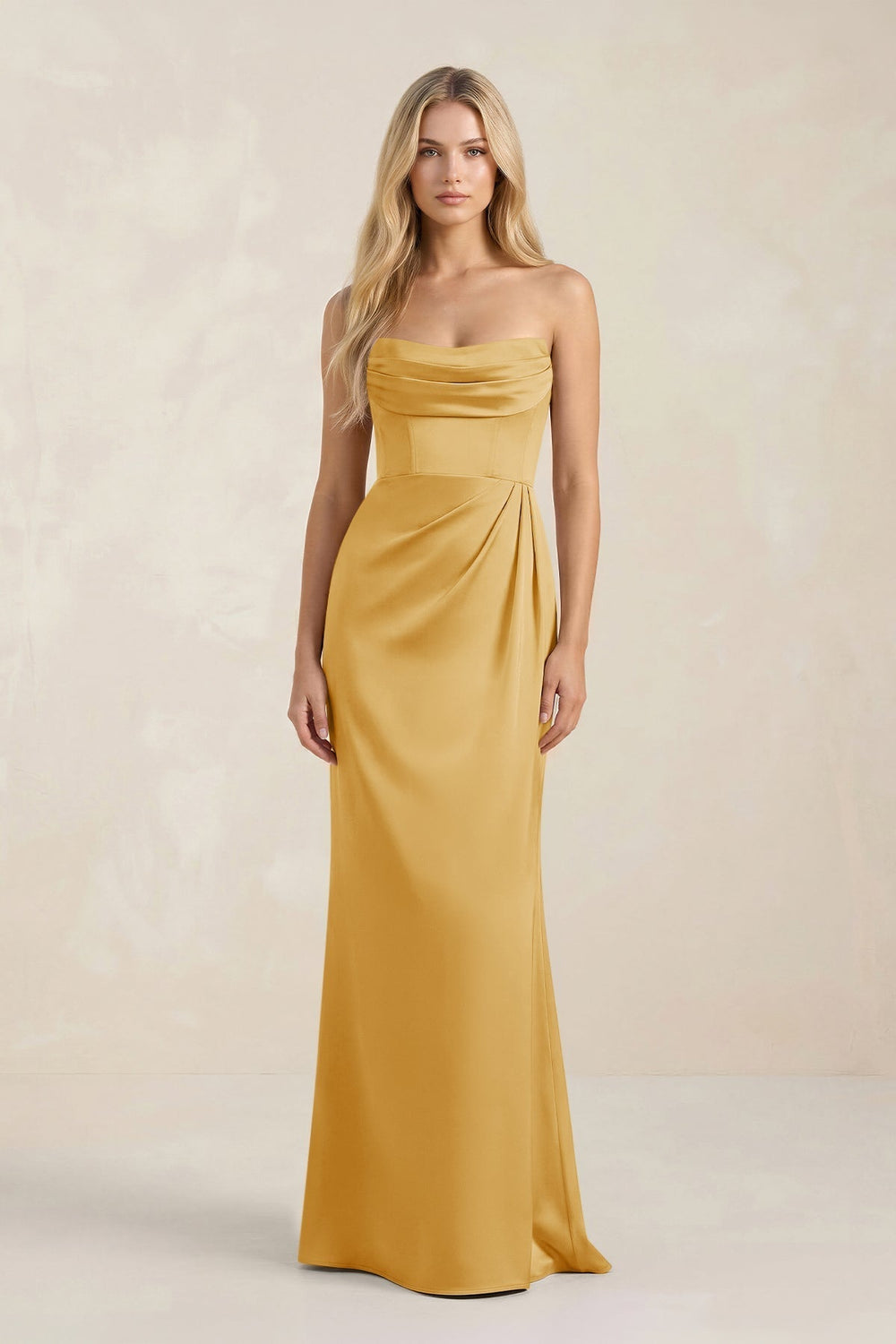 Cowl Neck Sheath Satin Bridesmaid Dress With Detachable Sleeves in Gold - KissProm Bridesmaid Dresses