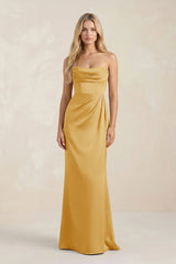 Cowl Neck Sheath Satin Bridesmaid Dress With Detachable Sleeves in Gold - KissProm Bridesmaid Dresses