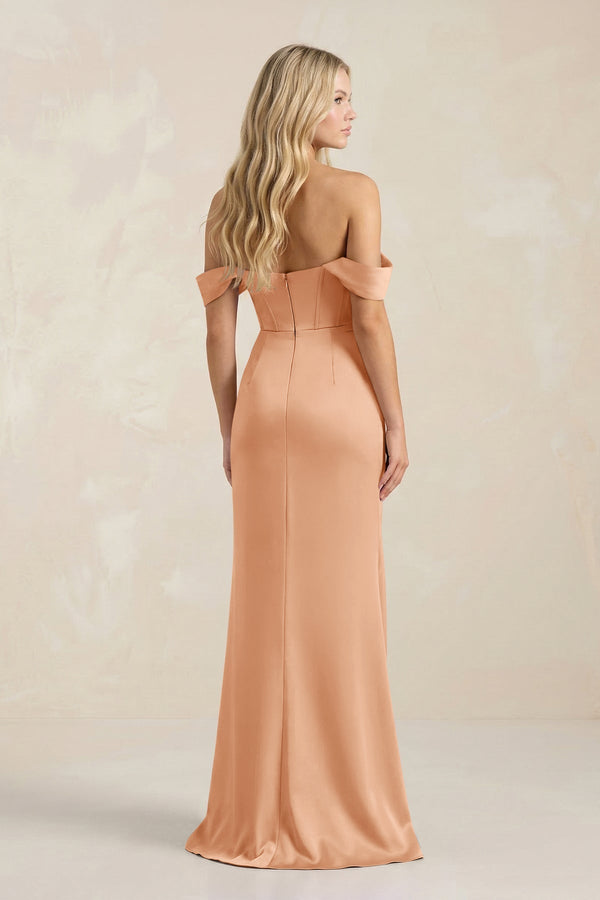 Cowl Neck Sheath Satin Bridesmaid Dress With Detachable Sleeves in Golden Champagne - KissProm Bridesmaid Dresses
