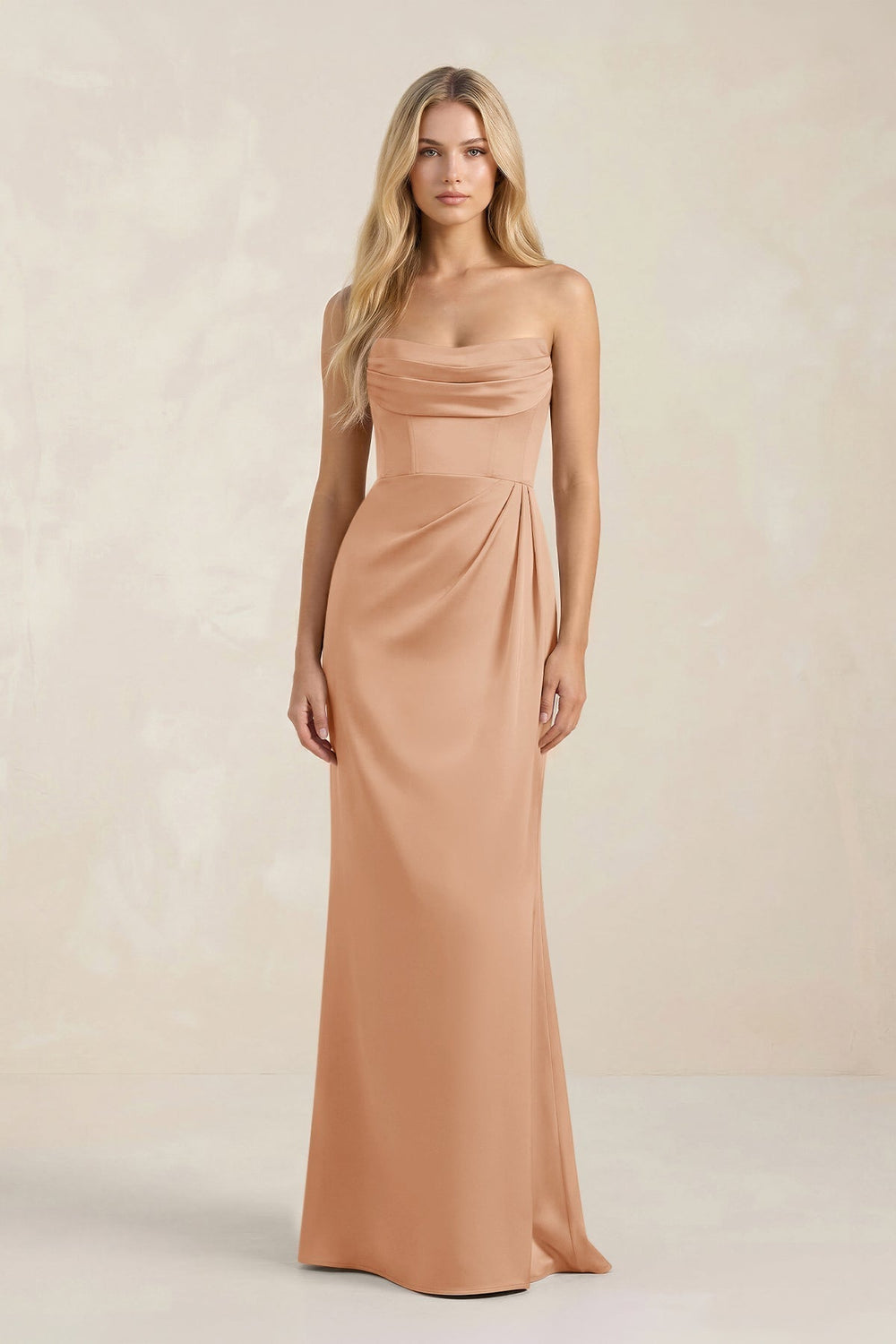 Cowl Neck Sheath Satin Bridesmaid Dress With Detachable Sleeves in Golden Champagne - KissProm Bridesmaid Dresses