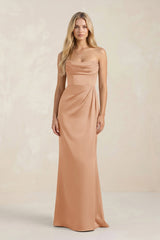 Cowl Neck Sheath Satin Bridesmaid Dress With Detachable Sleeves in Golden Champagne - KissProm Bridesmaid Dresses