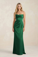 Cowl Neck Sheath Satin Bridesmaid Dress With Detachable Sleeves in Green - KissProm Bridesmaid Dresses