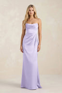Cowl Neck Sheath Satin Bridesmaid Dress With Detachable Sleeves in Lavender - KissProm Bridesmaid Dresses
